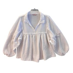Ces Femme Gauze Top Peplum Blouse White Cotton Textured Boho Flowy Size L